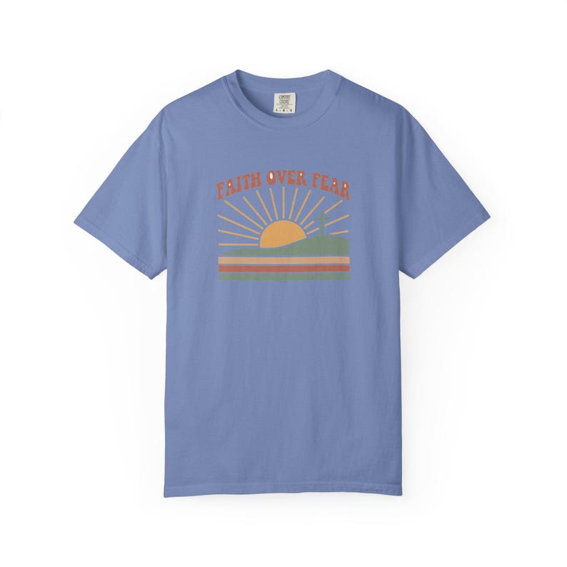 Faith Over Fear Retro Sunset Christian T-Shirt, Religious Bible Verse Tee Washed Denim
