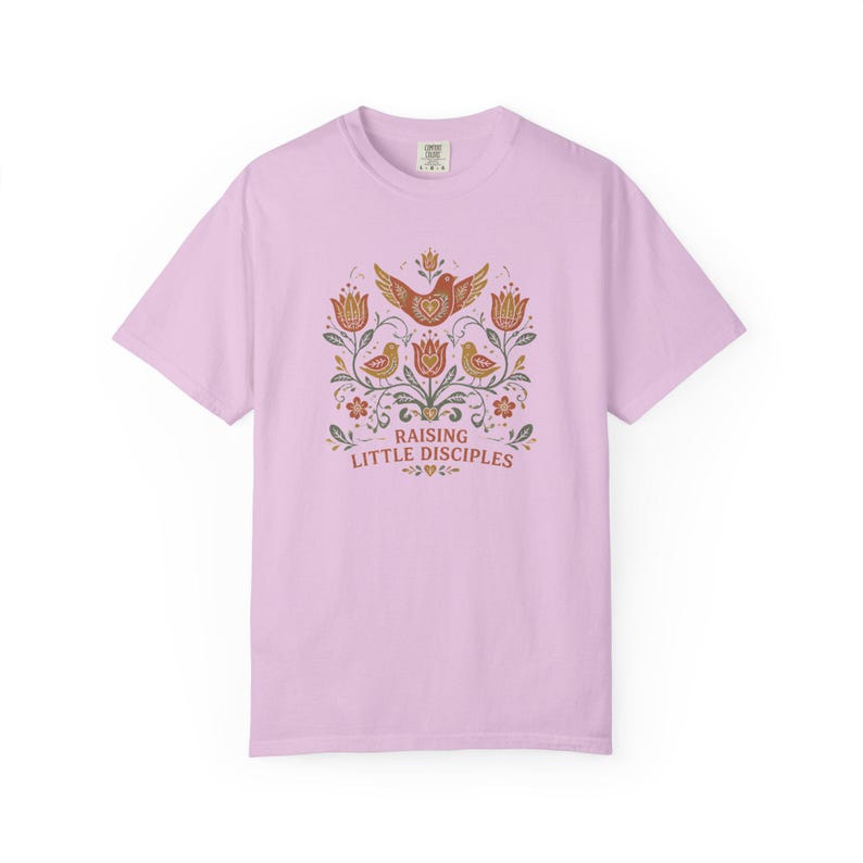 Raising Little Disciples Christian Mom Shirt, Floral Folk Art Tee Orchid