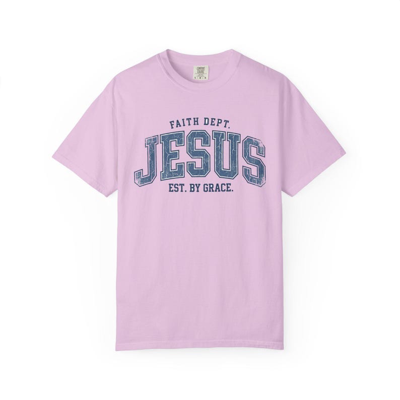Comfort Colors Jesus T-Shirt, Retro Faith Dept. Est. By Grace Tee Orchid