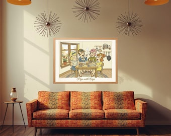 Grafika ścienna do kuchni w stylu retro z motywem świni, wydruk z humorystycznym motywem z połowy XX wieku