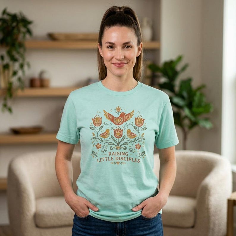 Raising Little Disciples Christian Mom Shirt, Floral Folk Art Tee Chalky Mint