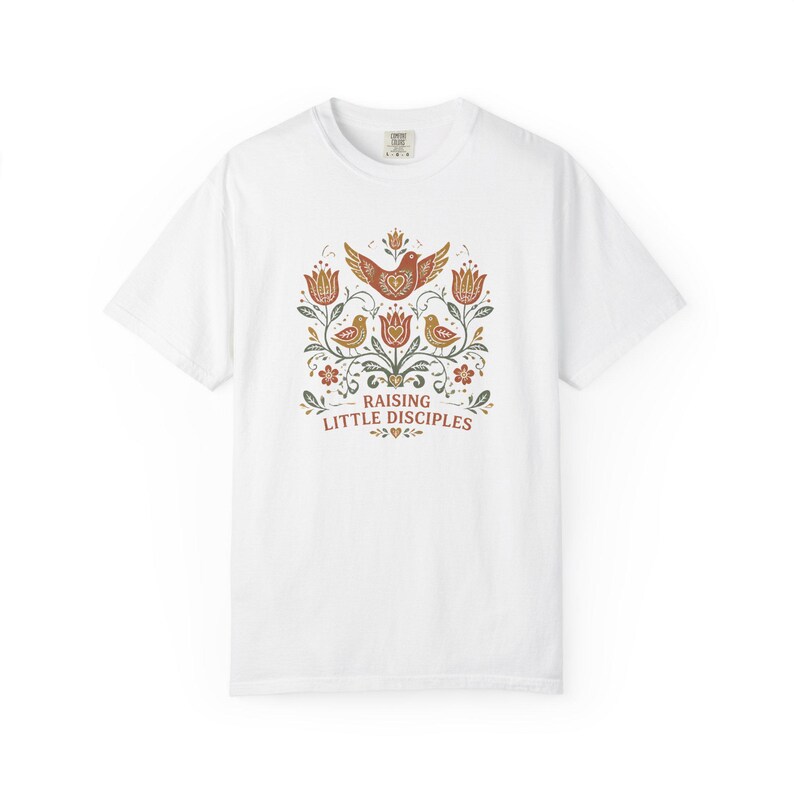 Raising Little Disciples Christian Mom Shirt, Floral Folk Art Tee White