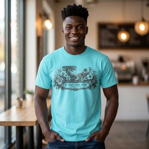 Genesis 1:31 Very Good Shirt, Garden of Eden Faith Tee, Botanical Scripture Top Lagoon Blue