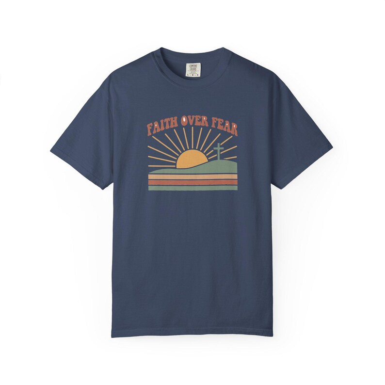 Faith Over Fear Retro Sunset Christian T-Shirt, Religious Bible Verse Tee Midnight