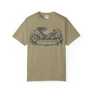 Genesis 1:31 Very Good Shirt, Garden of Eden Faith Tee, Botanical Scripture Top Khaki