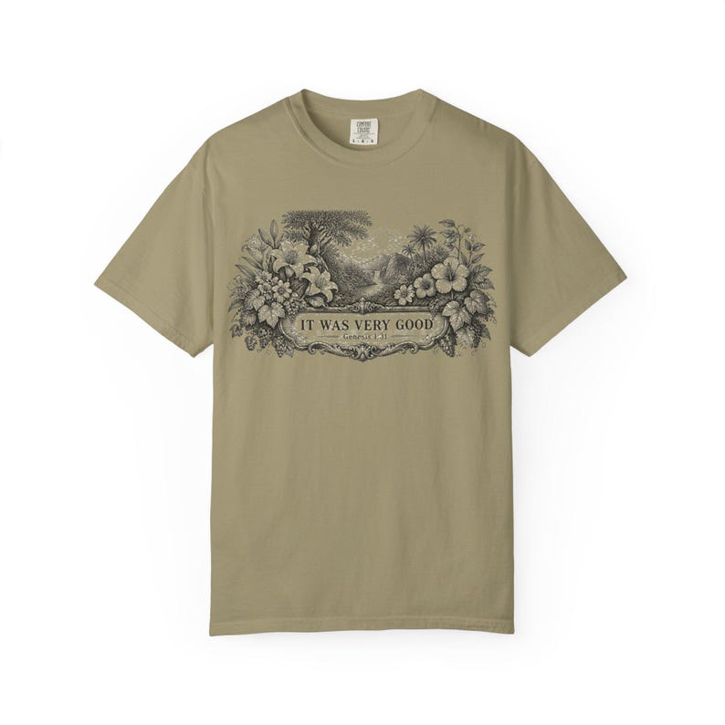 Genesis 1:31 Very Good Shirt, Garden of Eden Faith Tee, Botanical Scripture Top Khaki