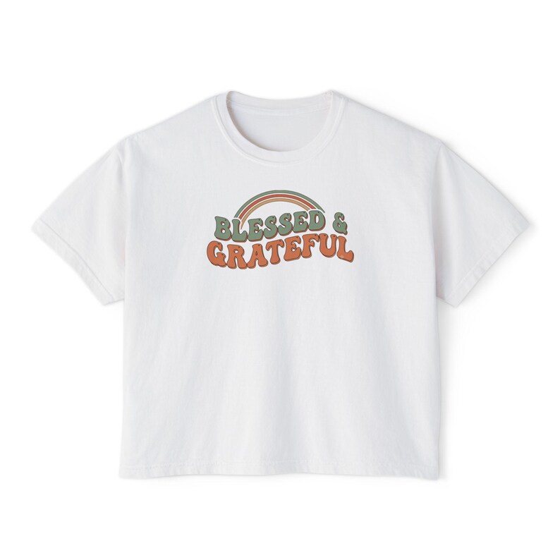 Blessed Grateful Rainbow Faith Shirt, Christian Gratitude Graphic Tee White