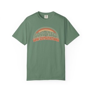 Retro Rainbow Good Vibes Low Expectations Shirt, Sarcastic Graphic Tee Light Green