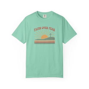 Faith Over Fear Retro Sunset Christian T-Shirt, Religious Bible Verse Tee Island Reef