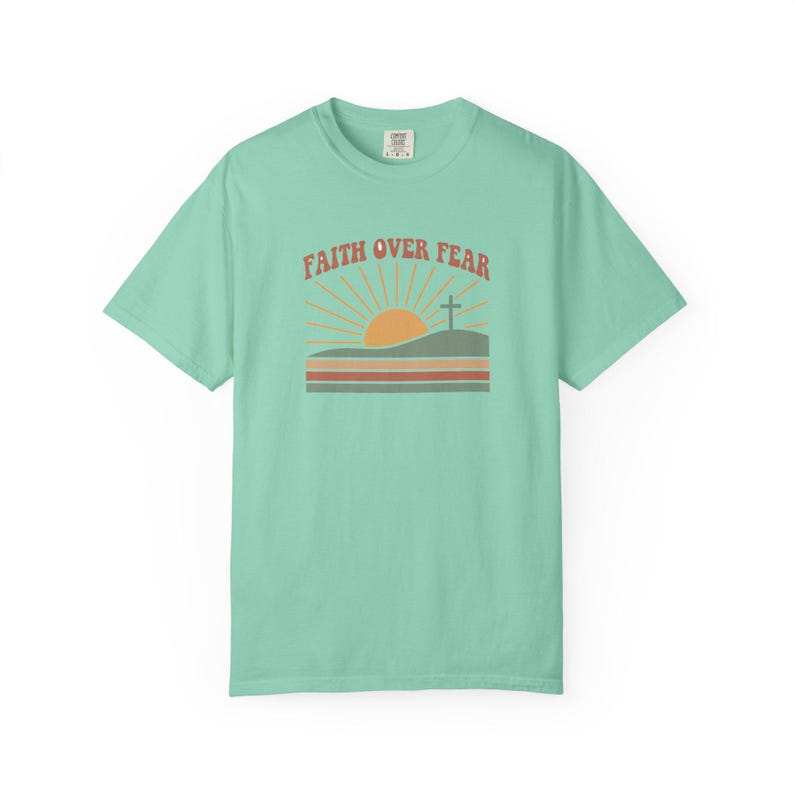 Faith Over Fear Retro Sunset Christian T-Shirt, Religious Bible Verse Tee Island Reef