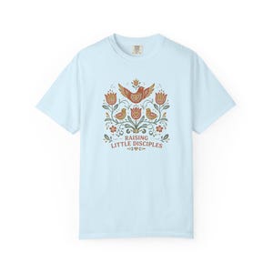 Raising Little Disciples Christian Mom Shirt, Floral Folk Art Tee Chambray