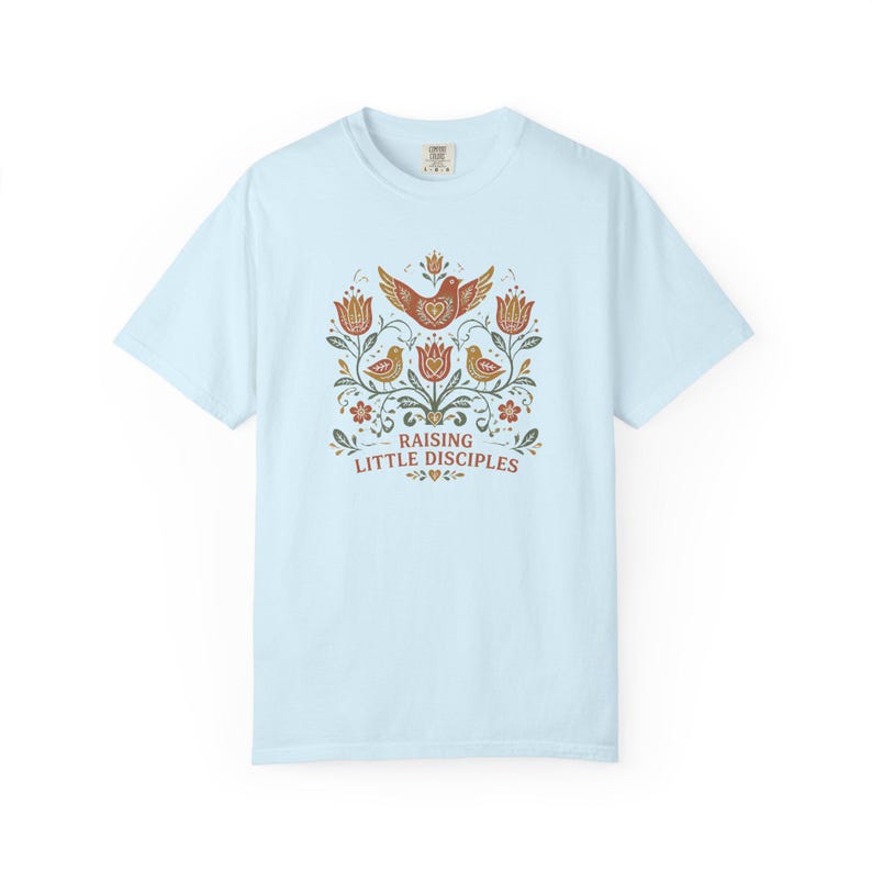 Raising Little Disciples Christian Mom Shirt, Floral Folk Art Tee Chambray