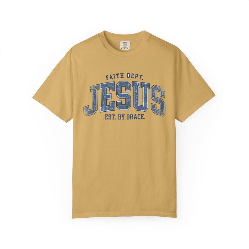 Comfort Colors Jesus T-Shirt, Retro Faith Dept. Est. By Grace Tee Mustard