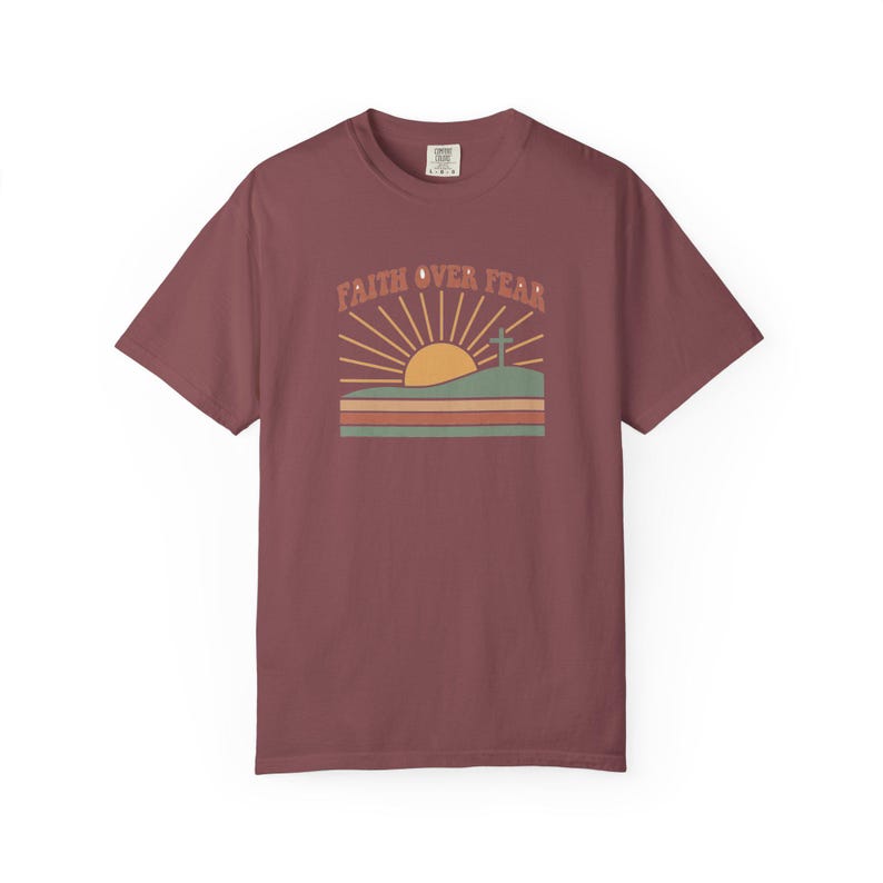 Faith Over Fear Retro Sunset Christian T-Shirt, Religious Bible Verse Tee Brick