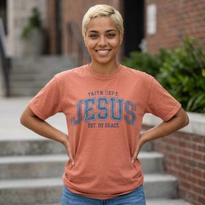 Comfort Colors Jesus T-Shirt, Retro Faith Dept. Est. By Grace Tee Terracotta