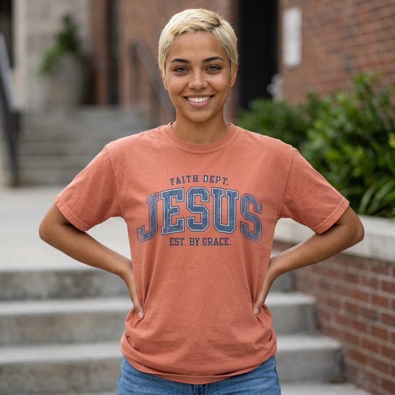 Comfort Colors Jesus T-Shirt, Retro Faith Dept. Est. By Grace Tee Terracotta