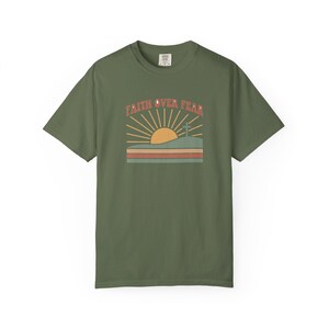 Faith Over Fear Retro Sunset Christian T-Shirt, Religious Bible Verse Tee Sage