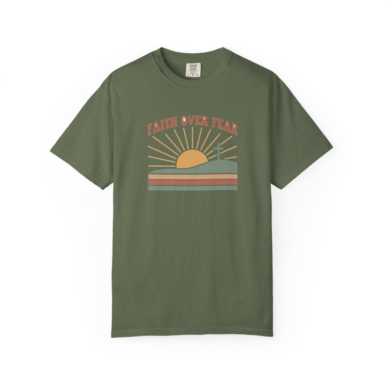 Faith Over Fear Retro Sunset Christian T-Shirt, Religious Bible Verse Tee Sage