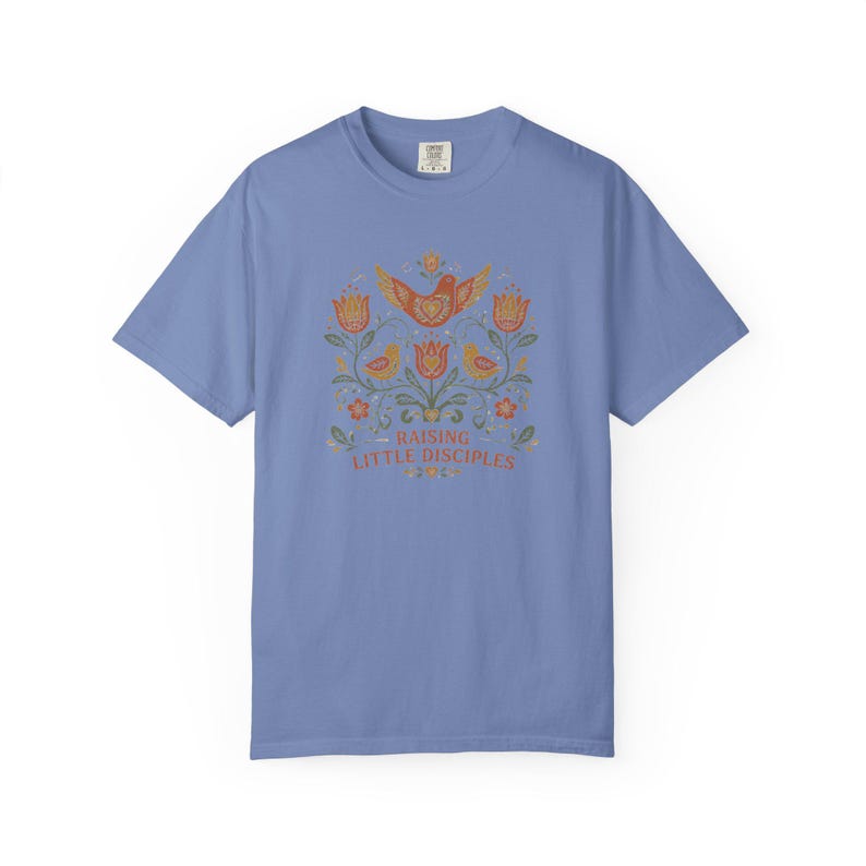 Raising Little Disciples Christian Mom Shirt, Floral Folk Art Tee Washed Denim
