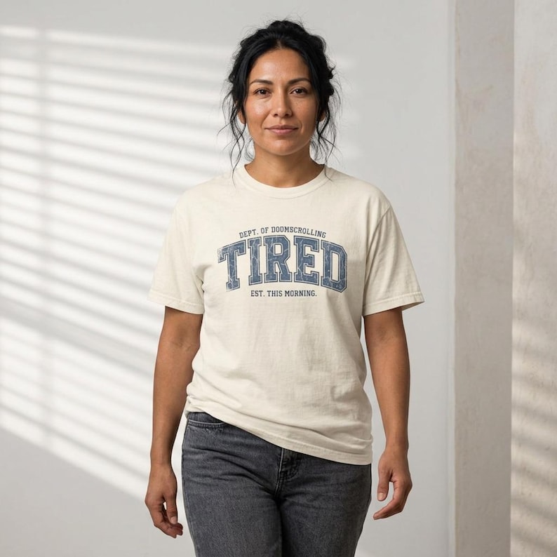 Tired Dept. of Doomscrolling Varsity Tee, Sarcastic Gen Z Humor Shirt Ivory