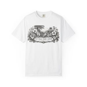 Genesis 1:31 Very Good Shirt, Garden of Eden Faith Tee, Botanical Scripture Top White