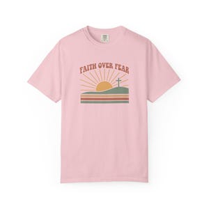 Faith Over Fear Retro Sunset Christian T-Shirt, Religious Bible Verse Tee Blossom