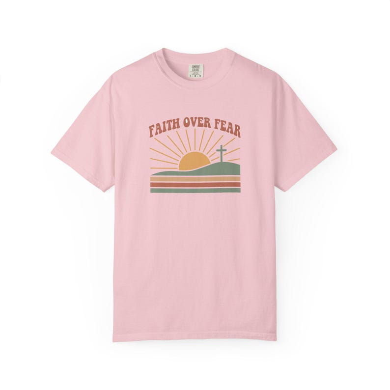 Faith Over Fear Retro Sunset Christian T-Shirt, Religious Bible Verse Tee Blossom