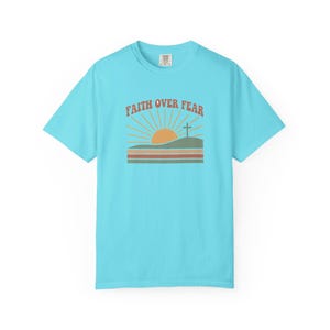Faith Over Fear Retro Sunset Christian T-Shirt, Religious Bible Verse Tee Lagoon Blue
