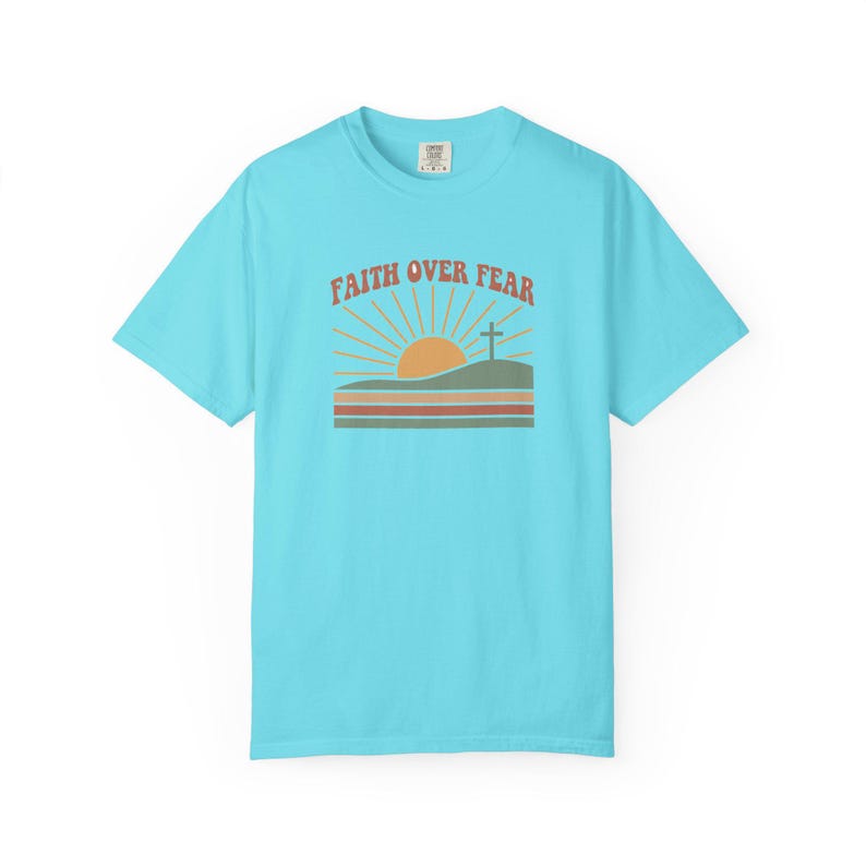Faith Over Fear Retro Sunset Christian T-Shirt, Religious Bible Verse Tee Lagoon Blue