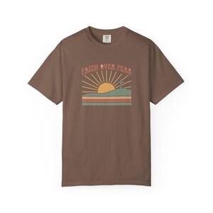 Faith Over Fear Retro Sunset Christian T-Shirt, Religious Bible Verse Tee Espresso
