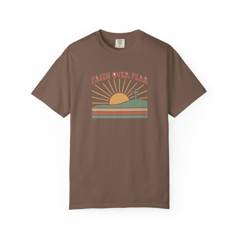 Faith Over Fear Retro Sunset Christian T-Shirt, Religious Bible Verse Tee Espresso