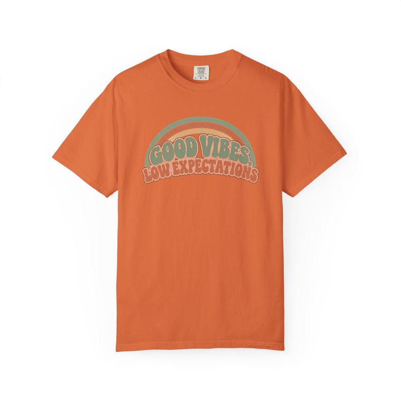 Retro Rainbow Good Vibes Low Expectations Shirt, Sarcastic Graphic Tee Burnt Orange