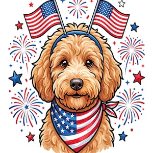 Könnte beinhalten: Ein goldfarbener Hund mit lockigem Fell trägt ein blaues Stirnband mit zwei kleinen befestigten amerikanischen Flaggen. Der Hund trägt ein Halstuch mit dem Muster der amerikanischen Flagge. Der Hintergrund zeigt rot-weiß-blaue Feuerwerke und Sterne.