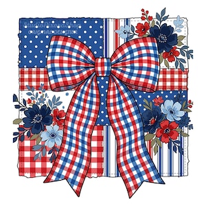 Könnte beinhalten: Ein patriotisches Design mit einer großen rot-weiß-blauen karierten Schleife. Die Schleife befindet sich vor einem Patchwork-Hintergrund mit Punkten, Streifen und Vichy-Mustern. Florale Akzente in Rot, Blau und Weiß vervollständigen das Design.
