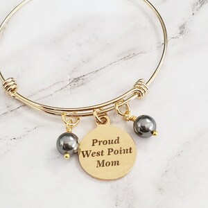 Proud West Point Mom Bangle Bracelet, USMA, Military Jewelry, Swarovski Pearls, Gift for her, Military Gifts, West Point Jewelry, USMA Gifts