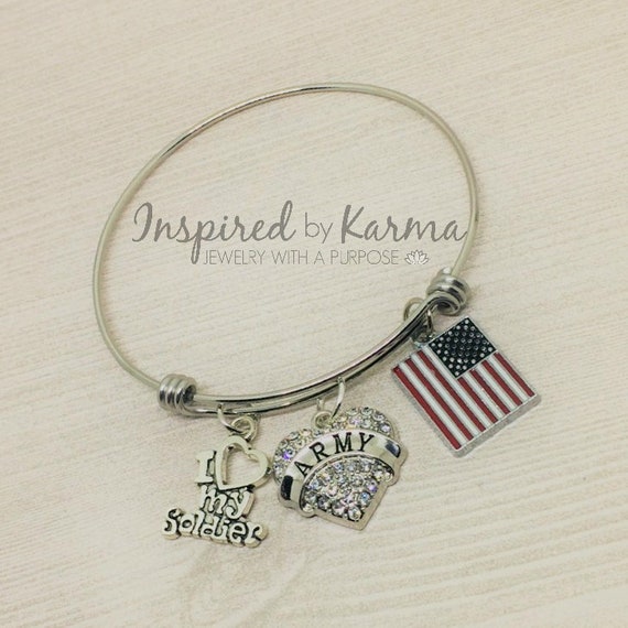 Army Mom Charm Bangle: Flag Crystal Heart, Military Jewelry