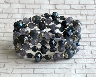 Dumortierite & Czech Beaded Wrap Bracelet, Memory Wire, Layering, Stacked, Bohemian Style, Wrist Candy,