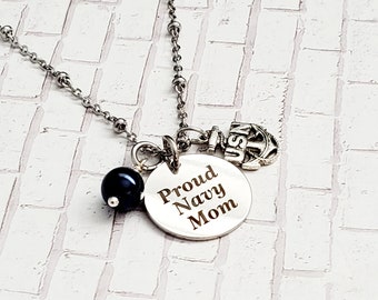 Proud Navy Mom Necklace,Engraved US Navy Necklace,Charm Necklace,Military Jewelry,Navy Mom,Navy Wife,Navy Jewelry,Midshipman,Military Gifts