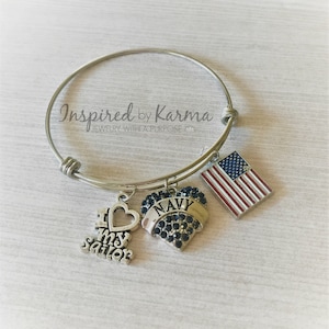 Proud Navy Mom Bangle Bracelet, Navy Bracelet, Charm Bracelet, Military Jewelry, gifts under 25, Love my sailor, Flag Bracelet,Navy Jewelry