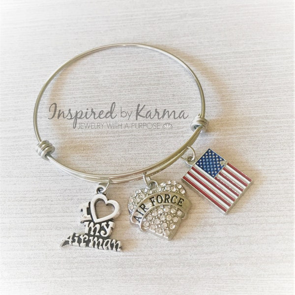 Proud Air Force Mom Bangle Bracelet,USAF Bracelet,Charm Bracelet,Military Jewelry,Air Force,Love my Airman,Flag Bracelet,USAF Jewelry,Airman