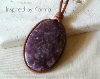 Lepidolite and Leather Boho Necklace, Leather Jewelry, Gifts for her, Bohemian Jewelry, Boho Jewelry, Jewelry, Purple, Leather Necklace,