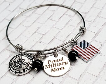 Proud Military Mom Bangle Bracelet,Charm Bracelet,Military Jewelry, Military Branch Charm Bracelet,Military Jewelry,Soldier,Military Mom