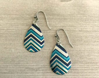 Chevron Earrings, Blue Earrings, Aqua Earrings, Silver Earrings, Teardrop Earrings,Gifts for her, Light weight Earrings,Spring/Summer Trends