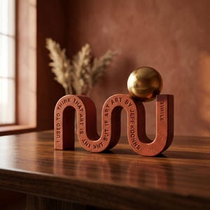 Escultura em ziguezague bordô com esfera dourada – Objeto de arte abstrata, peça decorativa moderna para mesa de centro.