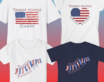 Magliette coordinate per tutta la famiglia per il 4 luglio! Yankee Doodle Dandy, Sweetheart e Joy per papà, mamma, bambino piccolo e neonato.
