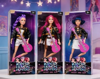 K*op D*mon H*nters-poppenset, verzamelfiguren Rumi Mira Zoey, K-Pop fan cadeau, idoolstijl poppen met gitaar, popster verzamelspeelgoed