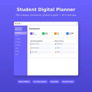 May include: A digital planner interface with the title "Student Digital Planner." The interface displays a dashboard with pending tasks, completed tasks, goals, and GPA. The app includes features for classes, homework, grades, and goals.
