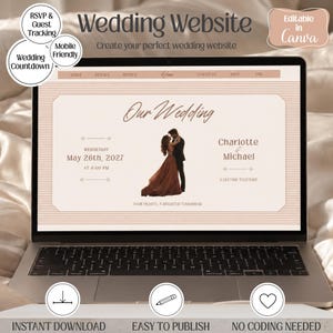 May include: A laptop screen displaying a wedding website template with the text Our Wedding, Charlotte and Michael, and the date May 26th, 2027. The design features a couple, horizontal lines, and navigation tabs for venue, details, and RSVP.