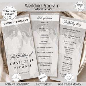 May include: Three wedding programme templates featuring a black and white photograph of a couple. The text includes Wedding Programme, Order of Service, The Wedding Party, Charlotte and Michael, May 26th, 2027, and various ceremony details.