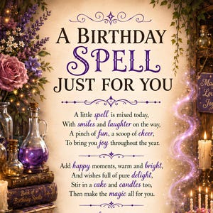 Może przedstawiać: Dekoracyjna tabliczka urodzinowa z napisem A BIRTHDAY SPELL JUST FOR YOU, zawierająca wiersz otoczony fioletowymi kwiatami, szklanymi buteleczkami, książką Birthday Spells, tortem ze świeczkami oraz różdżką z kryształem.